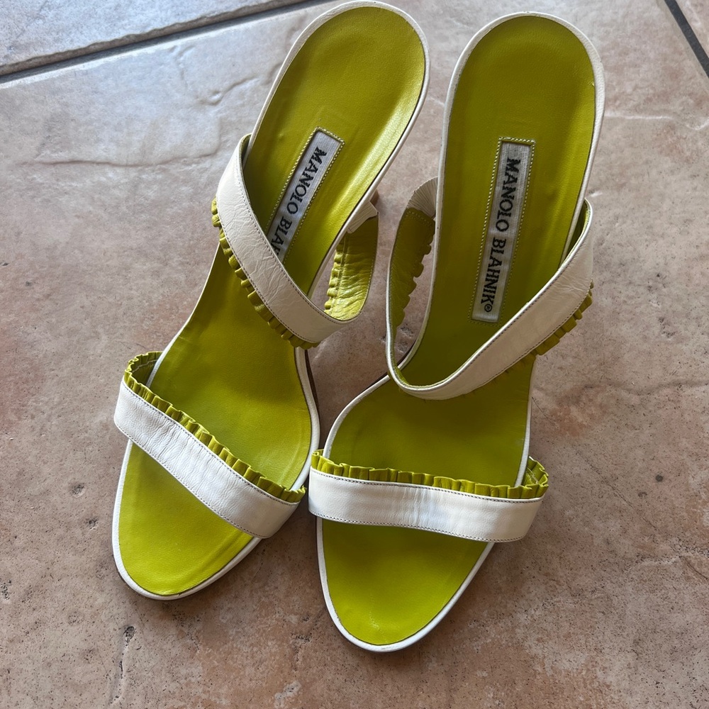 Manolo Blahnik Women's White and Lime Sandals